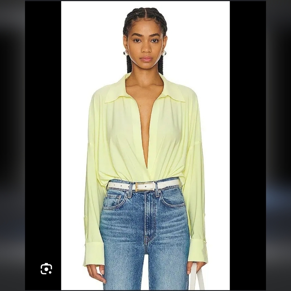 NWT Norma Kamali Oversized Boyfriend Style V Neck Bodysuit Butter XS